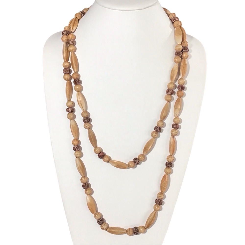 Boho Carved Beaded Long Necklace Wood or Wood Look Jewelry